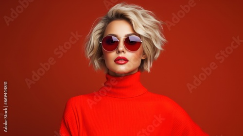 Fashion portrait of beautiful blonde woman in red sweater and sunglasses. Generative AI