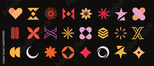 Brutalist abstract geometric shapes and grids. Brutal contemporary figure star oval spiral flower and other primitive elements. Bauhaus memphis design.