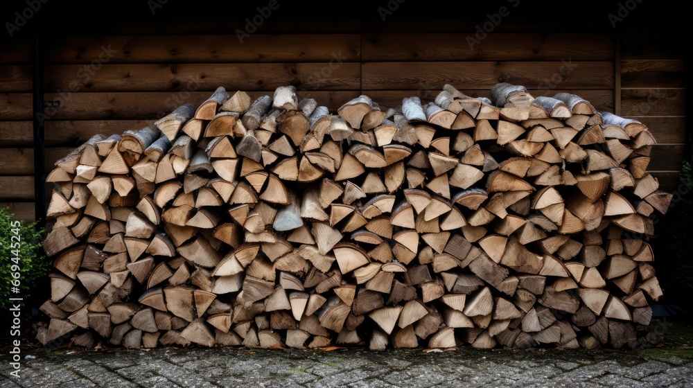 Pile of chopped firewood ready for winter in front of a wooden house Generative AI Pile of chopped firewood ready for winter in front of a wooden house Generative AI