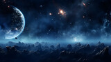 A breathtaking alien landscape featuring majestic mountains with mesmerizing planets against a starlit cosmic backdrop.