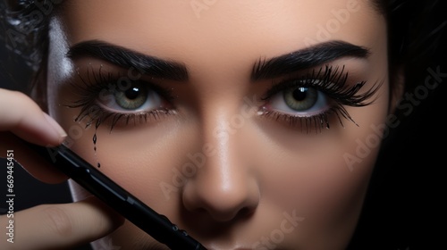 Close-up portrait of beautiful young woman with long eyelashes and professional make-up Generative AI