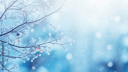 Winter branch covered with frost and snow. Frozen winter branch with copy space. Blurred bokeh background. © ekim
