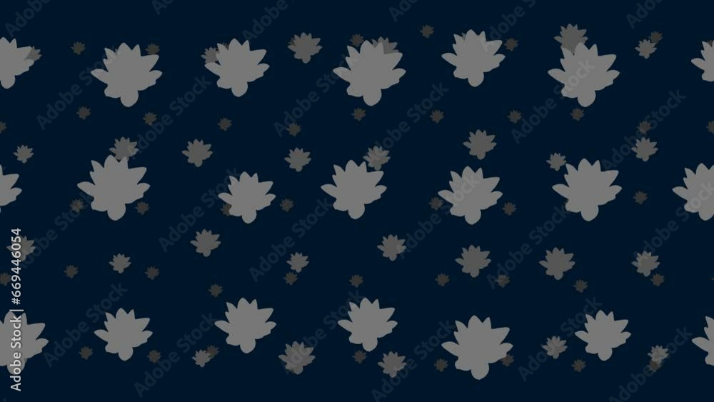 Lotus flowers float horizontally from left to right. Parallax fly effect. Floating symbols are located randomly. Seamless looped 4k animation on dark blue background Lotus flowers float horizontally from left to right. Parallax fly effect. Floating symbols are located randomly. Seamless looped 4k animation on dark blue background
