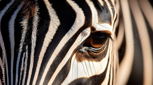 Detailed close-up of a zebra s eye with eyelashes and fur  capturing the intricate patterns and textures of its coat.