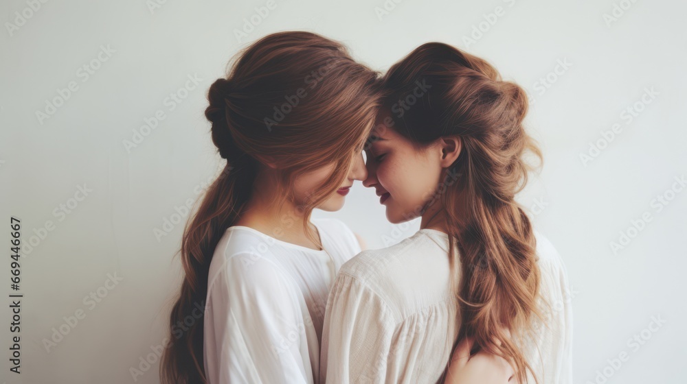 Two beautiful young women in white shirts are looking at each other. Generative AI Two beautiful young women in white shirts are looking at each other. Generative AI
