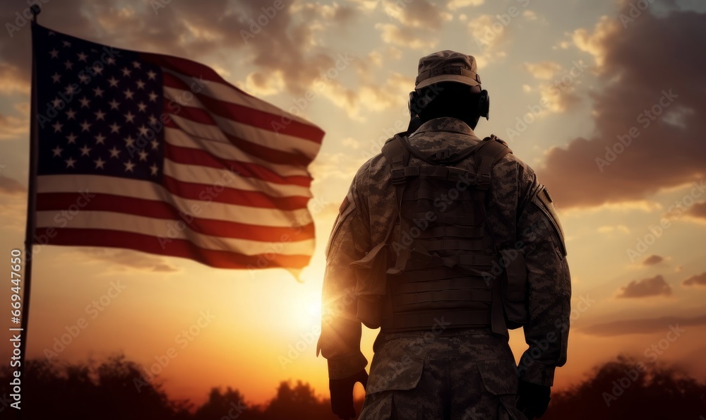 Solder standing in front of USA flag at sunrise. Concept for Memorial Day, Independence day, 4tf of July, Patriot Day, Veterans Day. Generative AI Solder standing in front of USA flag at sunrise. Concept for Memorial Day, Independence day, 4tf of July, Patriot Day, Veterans Day. Generative AI