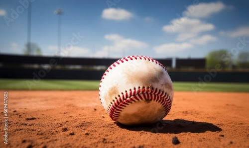 Baseball ball lying on the baseball field, concept of the beginning of the Baseball season. Generative AI