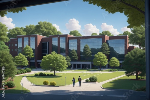 Modern Campus: Community College Buildings Illustration Created With Generative Ai photo