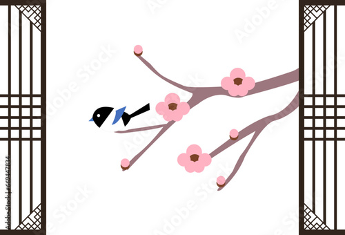 A magpie sitting on a plum branch
