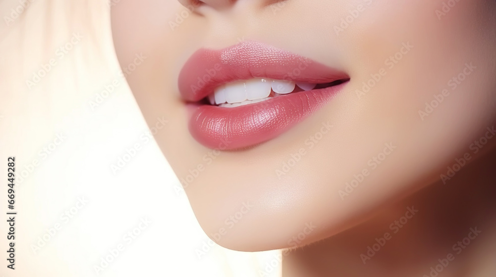 Fototapeta premium Closeup of beautiful smile of young woman with healthy white teeth. Healthcare concept. Generative AI