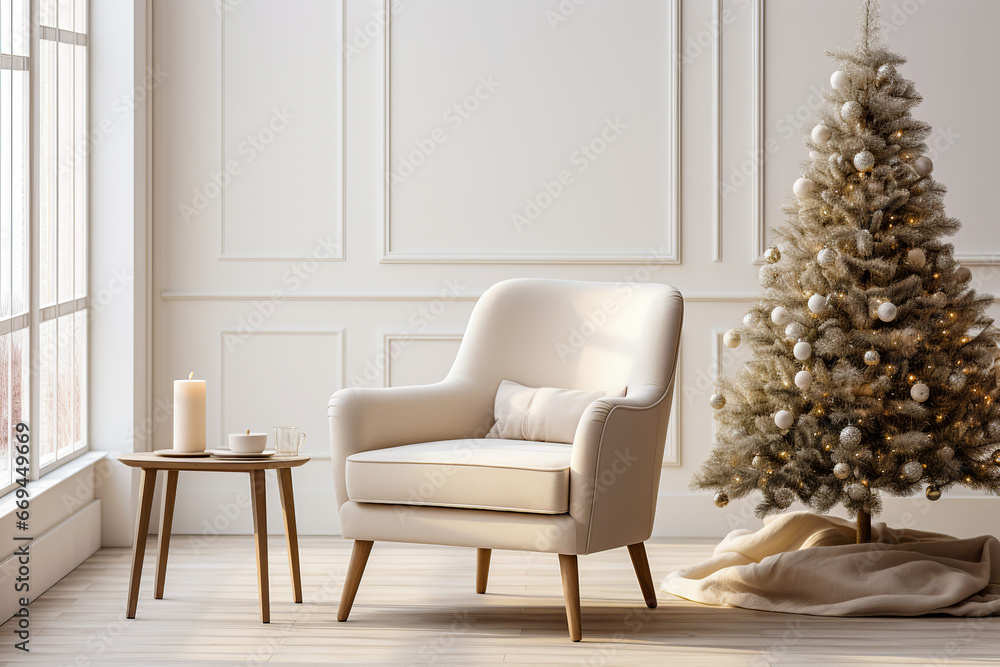 Minimalistic christmas interior mockup, white wall with a armchair and a christmas tree