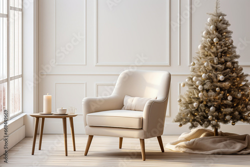 Minimalistic christmas interior mockup  white wall with a armchair and a christmas tree