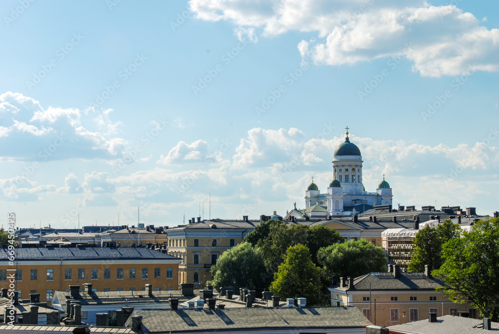 The cityscape of Helsinki with Tuomiokirkko Helsinki Cathedral, the Finnish Evangelical Lutheran cathedral of the Diocese of Helsinki, Finland