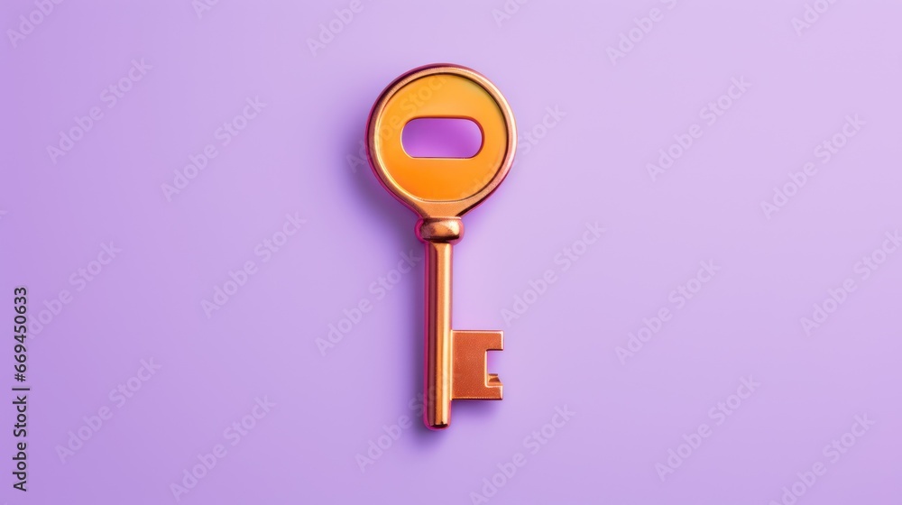 Orange key on purple background. 3d rendering, 3d illustration. Generative AI Orange key on purple background. 3d rendering, 3d illustration. Generative AI