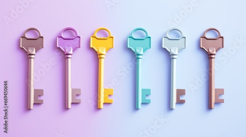 Colorful keys isolated on blue background. 3d render illustration. Generative AI