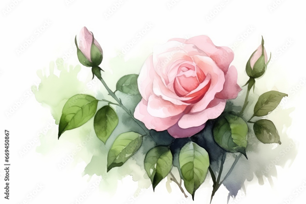 flower rose with green leaves, art illustration painted with watercolors isolated on white background, Generative AI