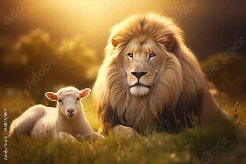 lion and lamb lie together in the meadow  millennium  biblical prophecy  Generative AI