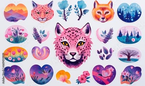 Pink Leopard Cheetah Creature  Watercolor clipart sticker set  retro  vintage  botanical  floral  soft colourful  pastels  pinks and purples  psychedelic art  analog look  old school  tattoo arty