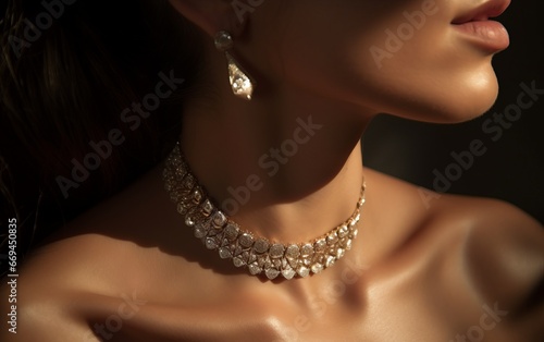 Beautiful woman with jewelry. A beauty shot of luxury earings and necklace on a dark background.