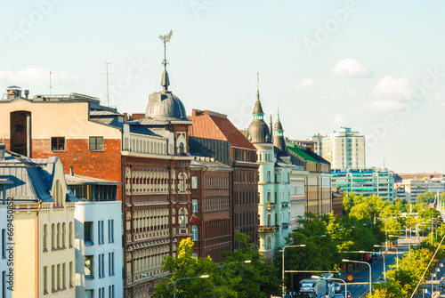 A cityscape of colorful houses in Helsinki city center