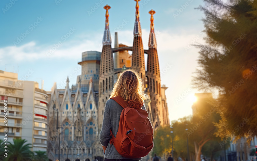 Obraz na płótnie Young female tourist backpacker travelling aroung the world. Travel Destination - Barcelona, Spain w salonie