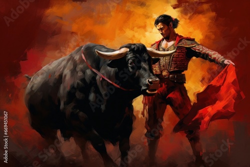 Matador, bullfighter fights bull in the arena, art illustration painted, Generative AI photo