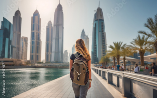Young female tourist backpacker travelling aroung the world. Travel Destination - Dubai, United Arab Emirates (UAE)