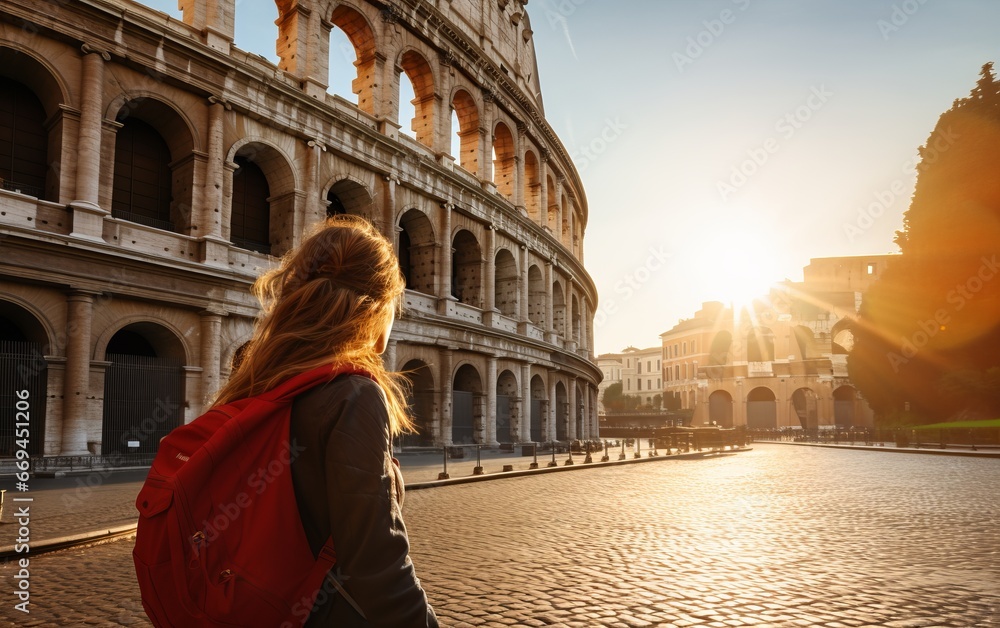 Young female tourist backpacker travelling aroung the world. Travel Destination - Rome, Italy
