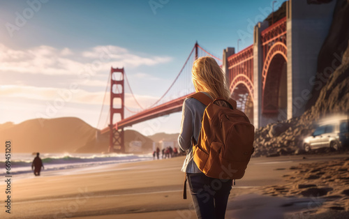 Young female tourist backpacker travelling aroung the world. Travel Destination - San Francisco, California, USA