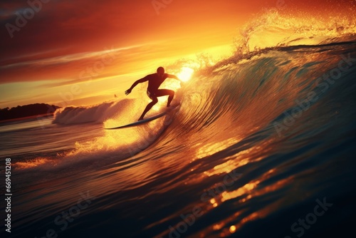 Surfer surfboard ride on the waves in the ocean, extreme sports, outdoor recreation, summer landscape, Generative AI