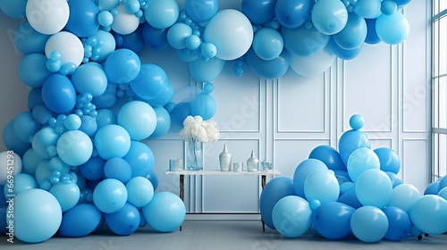 vibrant blue holiday studio decorated with balloons - festive celebration atmosphere