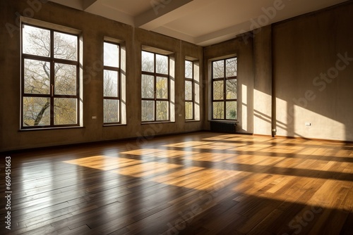 Empty flat with wooden floor and windows. Generative AI