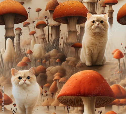 Illustration of two adorable cats standing among mushrooms