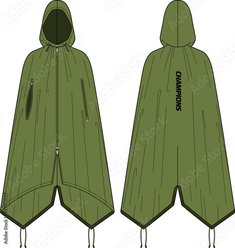 Rain coat poncho Hoodie jacket design flat sketch Illustration, waterproof cycling Hooded rain coat with front and back view, winter coat for Men and women for outerwear and long weather jacket