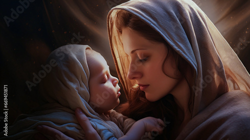 Create a realistic photo that portrays a graphic representation of Holy Mary gently cradling baby Jesus Christ. The image should authentically convey the spiritual essence of this revered scene. --ar photo