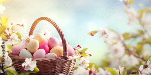 Spring easter decoration. Colorful eggs in a basket with flowers
