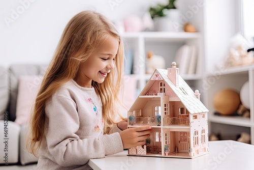 Girl Playing with Doll House in Children Room, Happy Child Dollhouse, Generative AI Illustration photo