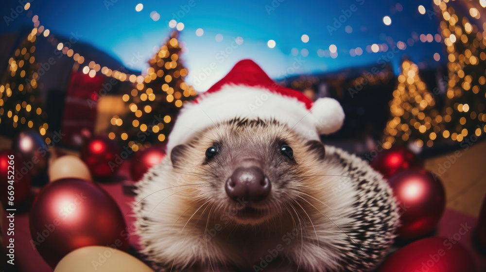 Selfie of a hedgehog on blur bokeh Christmas background Selfie of a hedgehog on blur bokeh Christmas background