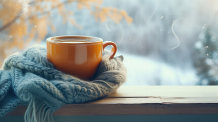 Cup of coffee and knitted sweater on the window age with winter scene outside