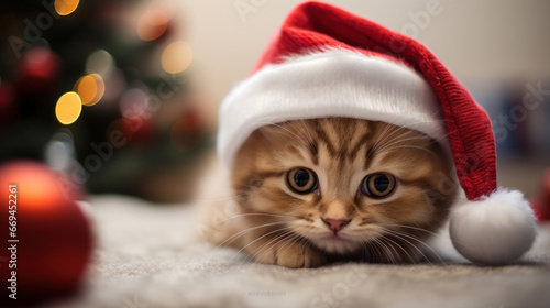 Cute kitten in Santa Claus hat on Christmas background