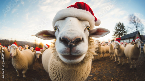 Selfie of a sheep on Santa hat on blur bokeh Christmas background