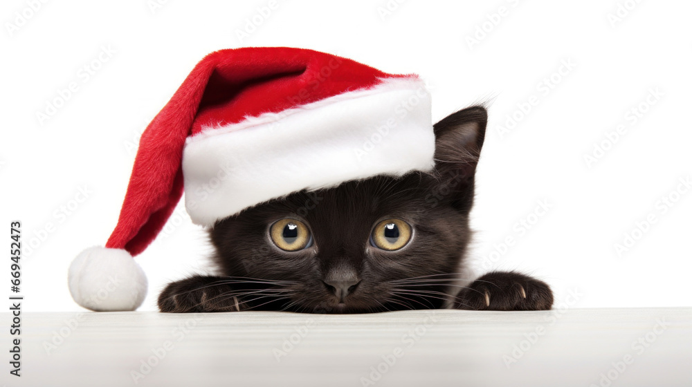 Black kitten on Santa Clause hat on white background - obrazy, fototapety, plakaty 