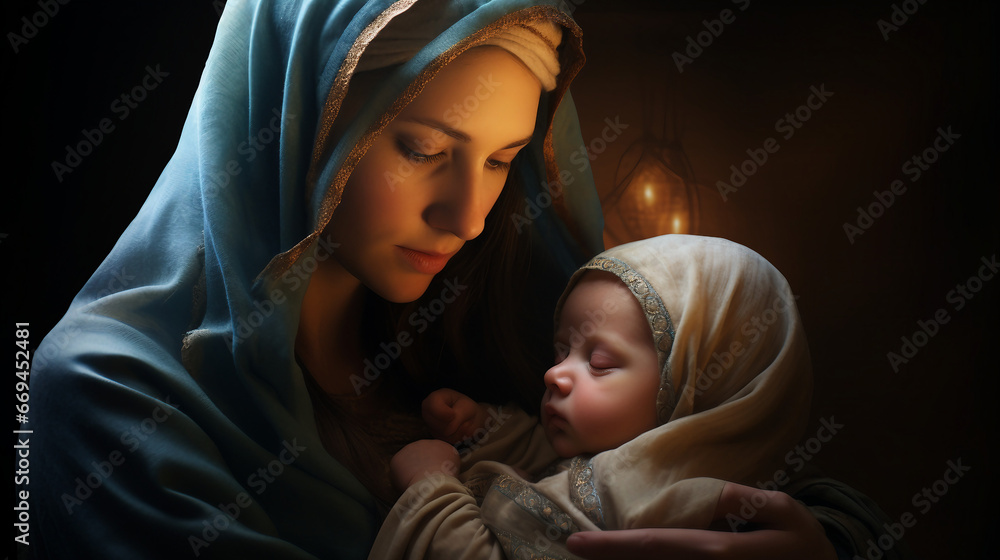 realistic photo that portrays a graphic representation of Holy Mary gently cradling baby Jesus Christ. The image should authentically convey the spiritual essence of this revered scene realistic photo that portrays a graphic representation of Holy Mary gently cradling baby Jesus Christ. The image should authentically convey the spiritual essence of this revered scene