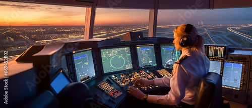 A woman air traffic controller sits at the control panel against the background of the panoramic window of the airport. A wide banner.