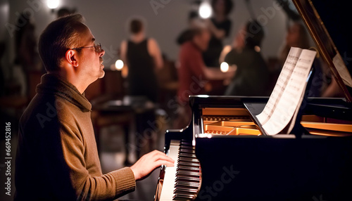 The man accompanist accompanies the piano under the lighting of the lamps, in the background there are people, actors, dancers.