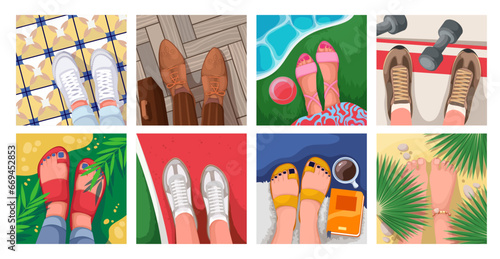 Selfie of feet, top view set vector illustration. Cartoon various legs of people in shoes and sandals, look down at standing and walking feet on grass or beach, sport gym floor or carpet, street tile
