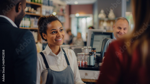 realistic photo that portrays a smiling, young, and attractive saleswoman or cashier interacting with customers, ensuring a positive shopping experience.