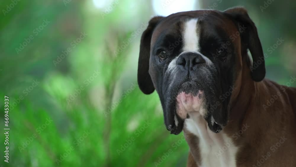 Boxer dog looking to camera on green background. Dog Portrait breed Deutscher Boxer looks around with interest turns its head in different directions. Funny purebred dog close up Boxer dog looking to camera on green background. Dog Portrait breed Deutscher Boxer looks around with interest turns its head in different directions. Funny purebred dog close up