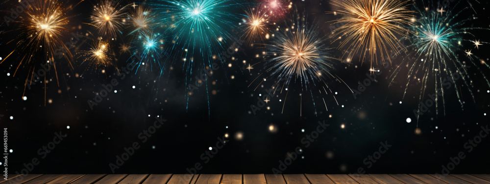 Silvester 2024 party New year Fireworks Firework background banner panorama long - sparklers and bokeh lights on rustic black wooden texture, with space for text - obrazy, fototapety, plakaty 