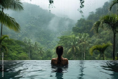 Happy Woman in Infinity Pool, Enjoying Warm Tropical Rain, Generative AI Illustration © artemstepanov